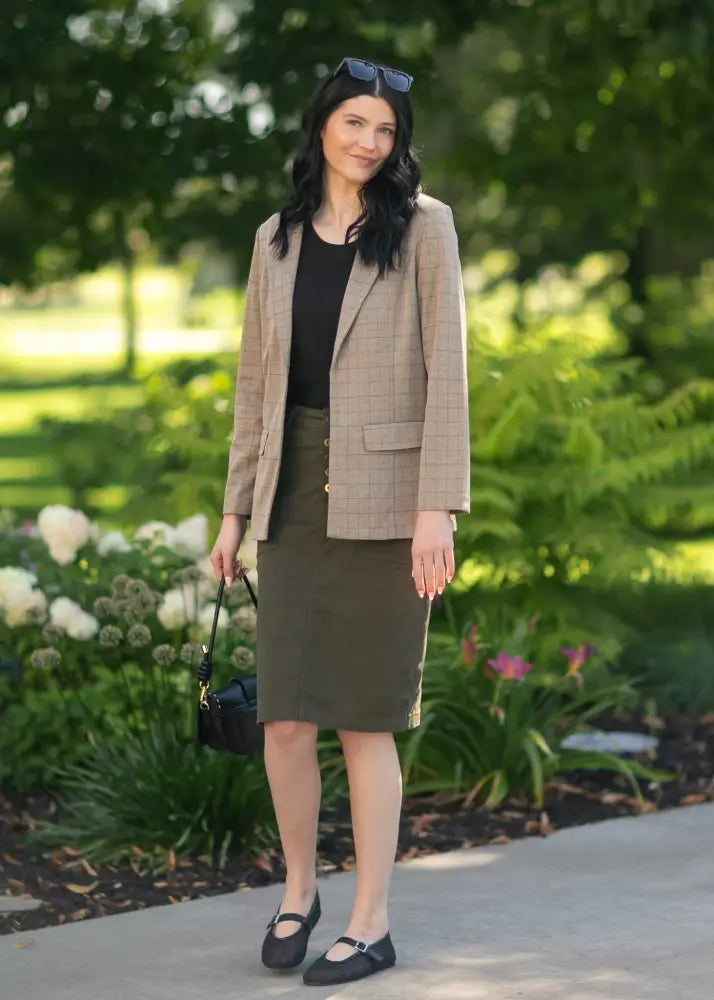Beige plaid blazer with structured fit and gold-toned buttons paired with kennedy olive button front midi denim skirt