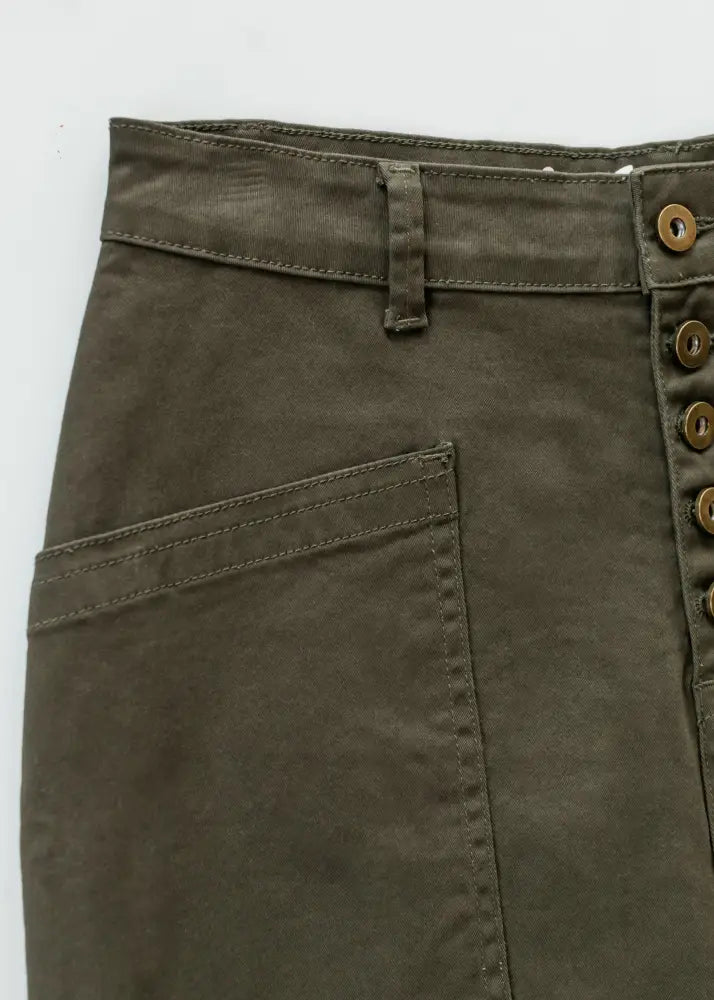 Kennedy olive button front midi denim skirt in olive green with high waist buttoned side closure and front pocket