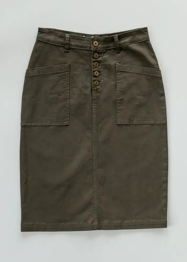 Kennedy olive button front midi denim skirt in olive green with front button closure and two side pockets