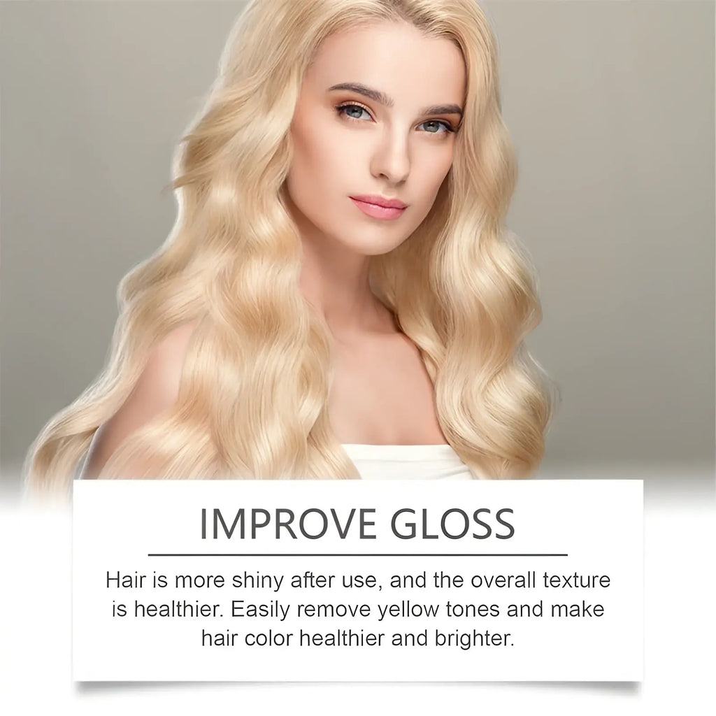 Blonde hair with wavy texture and glossy sheen shown alongside keratin purple hair mask for brassiness control 100g