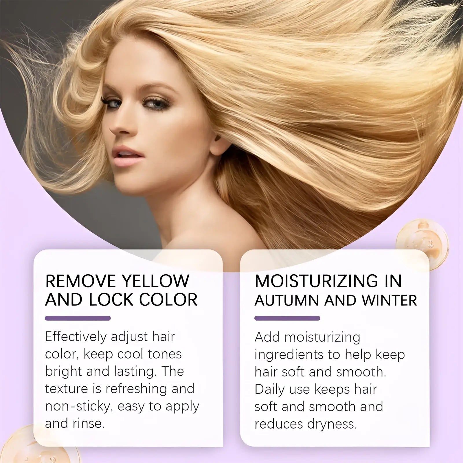 Blonde voluminous hair with glossy sheen showcasing keratin purple hair mask for brassiness control 100g use