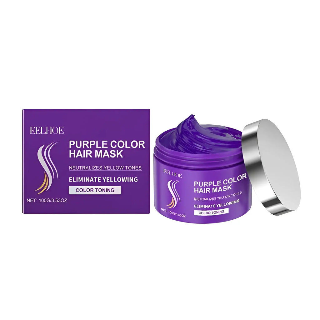 Keratin purple hair mask in a sleek jar with silver lid designed to neutralize yellow tones and brassiness control