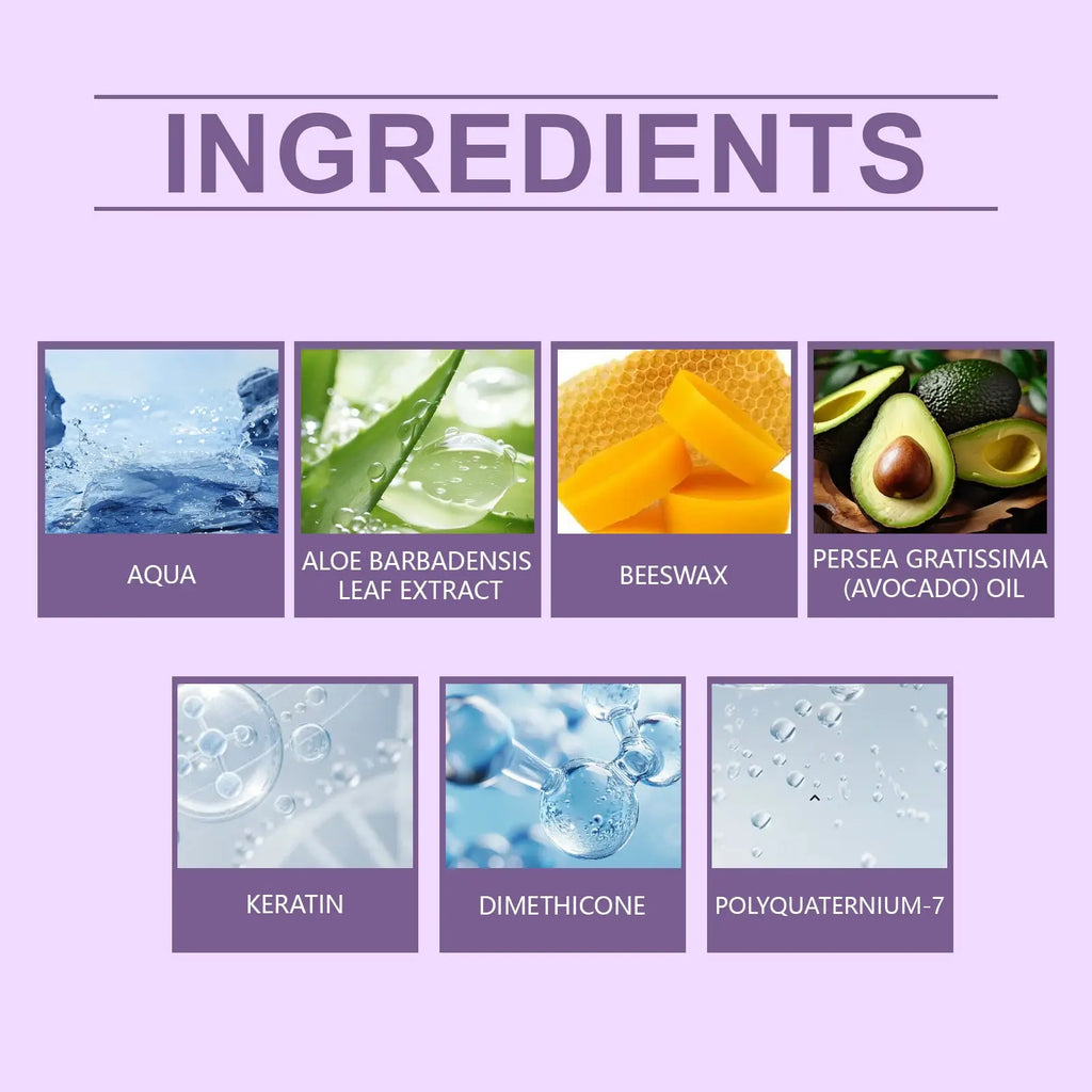 Back side of keratin purple hair mask 50ml listing ingredients like aloe vera extract avocado oil and dimethicone