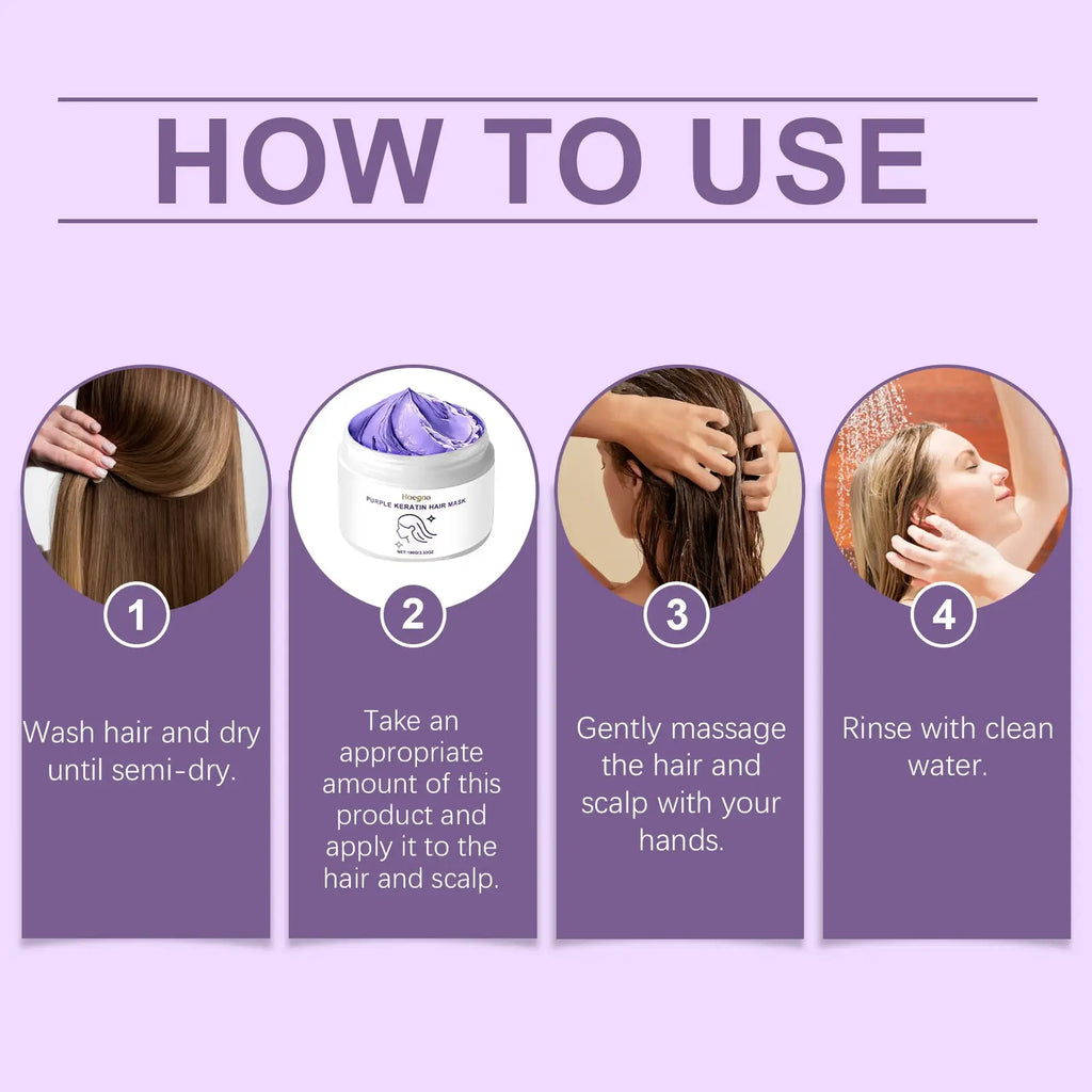 White jar of keratin purple hair mask for dry frizzy hair showing purple product inside 50ml container