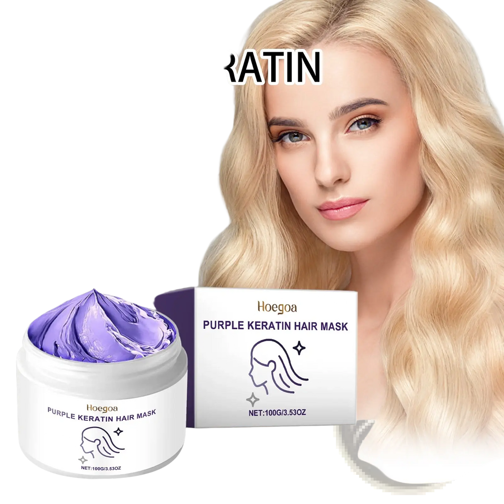 Keratin purple hair mask for dry frizzy hair in a white jar with matching hoegoa box 50ml