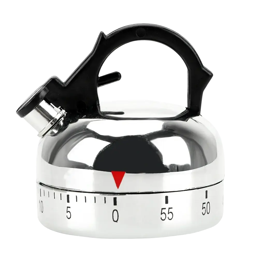 Shiny chrome mechanical kettle kitchen timer with black handle and spout for 60 minute countdown use