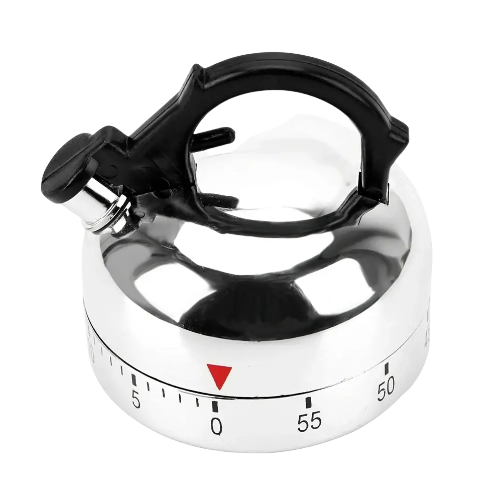 Shiny chrome mechanical kettle kitchen timer with black plastic handle and spout for 60 minute countdown