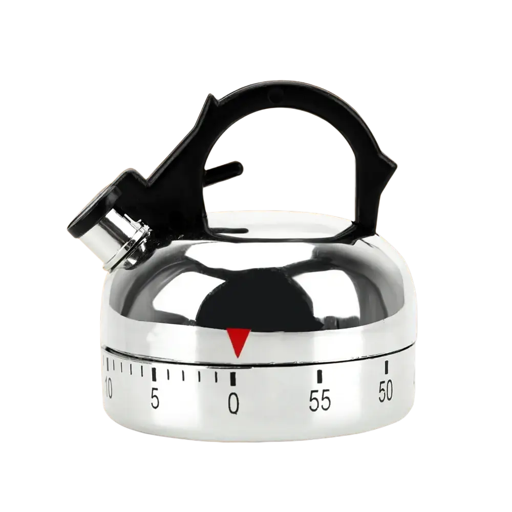 Shiny chrome mechanical kettle kitchen timer with black handle and rotating dial marked 0 to 55 minutes for countdown