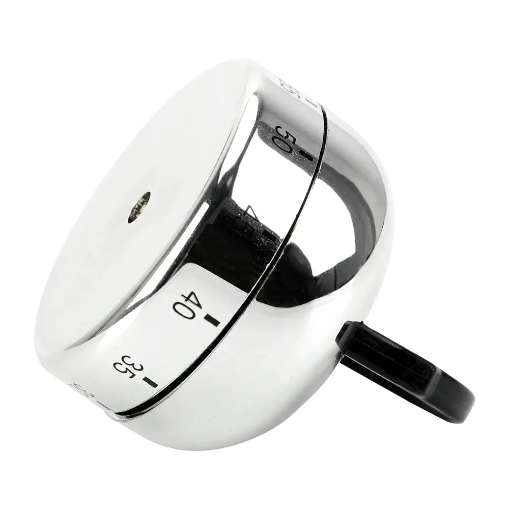 Kettle kitchen timer mechanical 60 minute countdown with shiny chrome body black handle and numbered markings