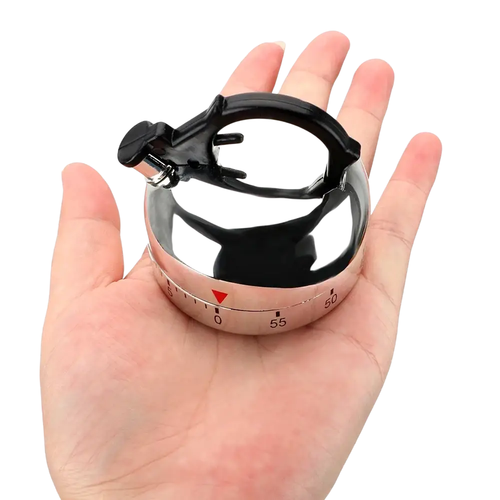 Shiny metallic kettle kitchen timer with black handle and rose gold base mechanical 60 minute countdown timer