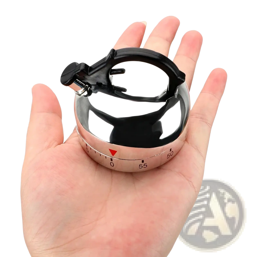 Shiny metallic kettle kitchen timer with black handle and rose gold base mechanical 60 minute countdown timer