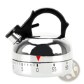 Shiny chrome mechanical kettle kitchen timer with black handle and spout for 60 minute countdown use