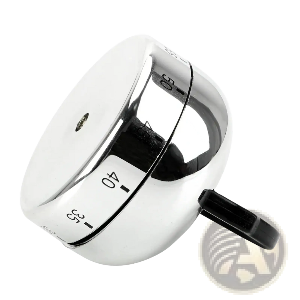 Kettle kitchen timer mechanical 60 minute countdown with shiny chrome body black handle and numbered markings