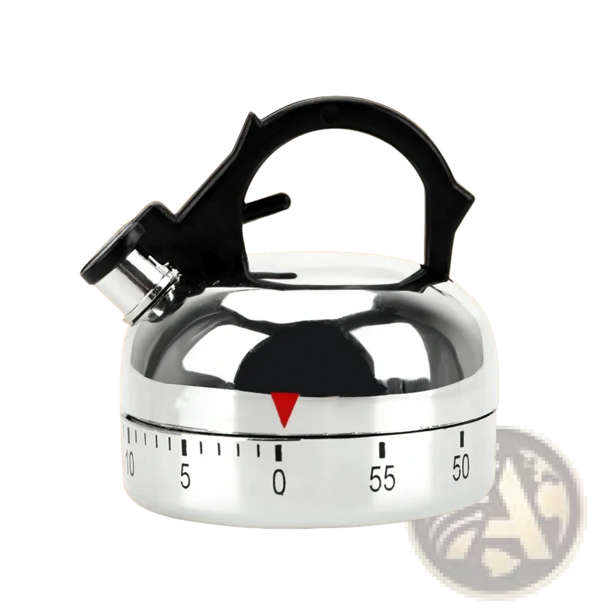 Shiny chrome mechanical kettle kitchen timer with black handle and rotating dial marked 0 to 55 minutes for countdown
