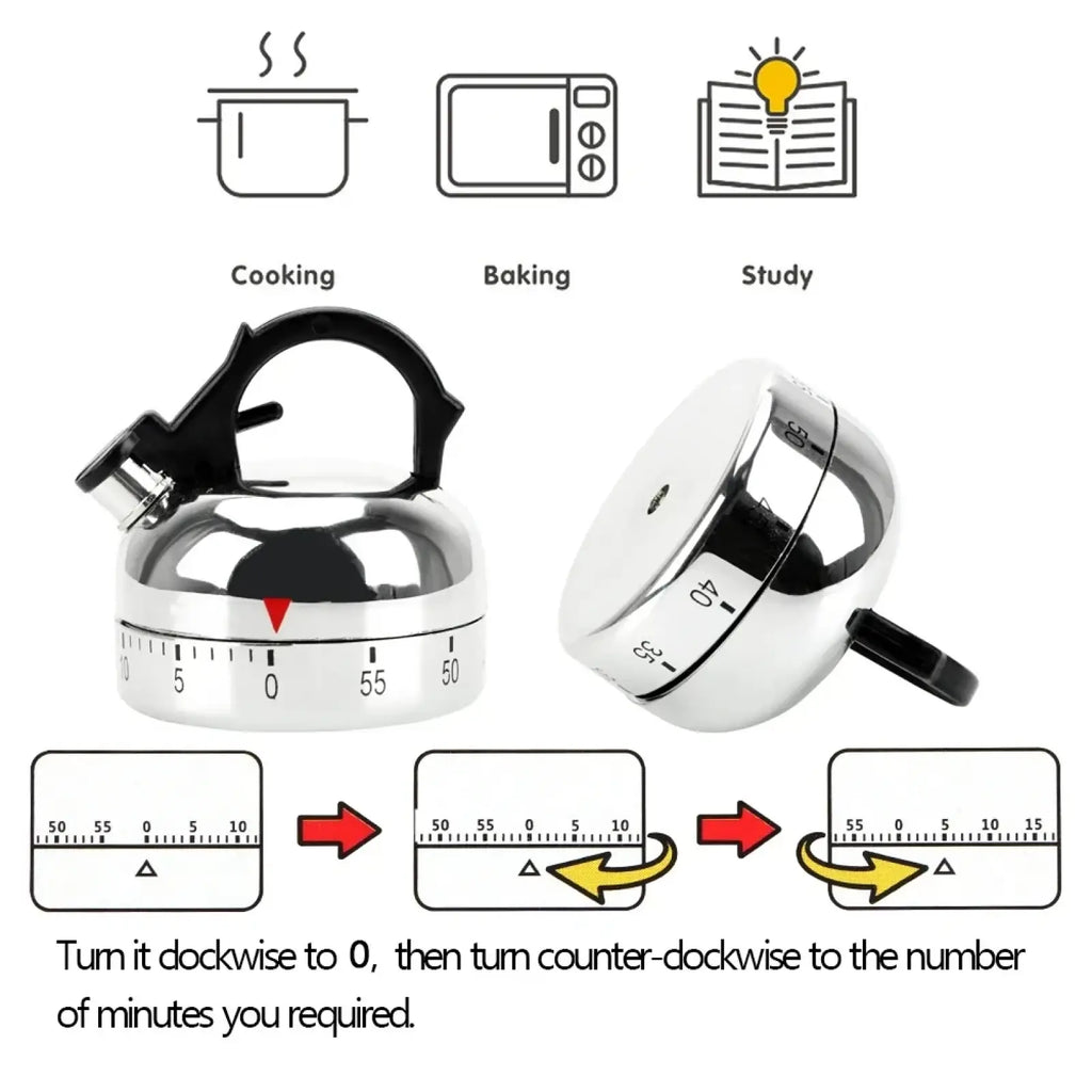 Shiny chrome kettle kitchen timer with black handle and spout featuring mechanical countdown alarm dial