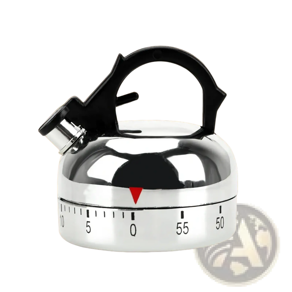 Shiny chrome mechanical kettle kitchen timer with black handle and spout featuring a rotating minute dial from 0 to 55