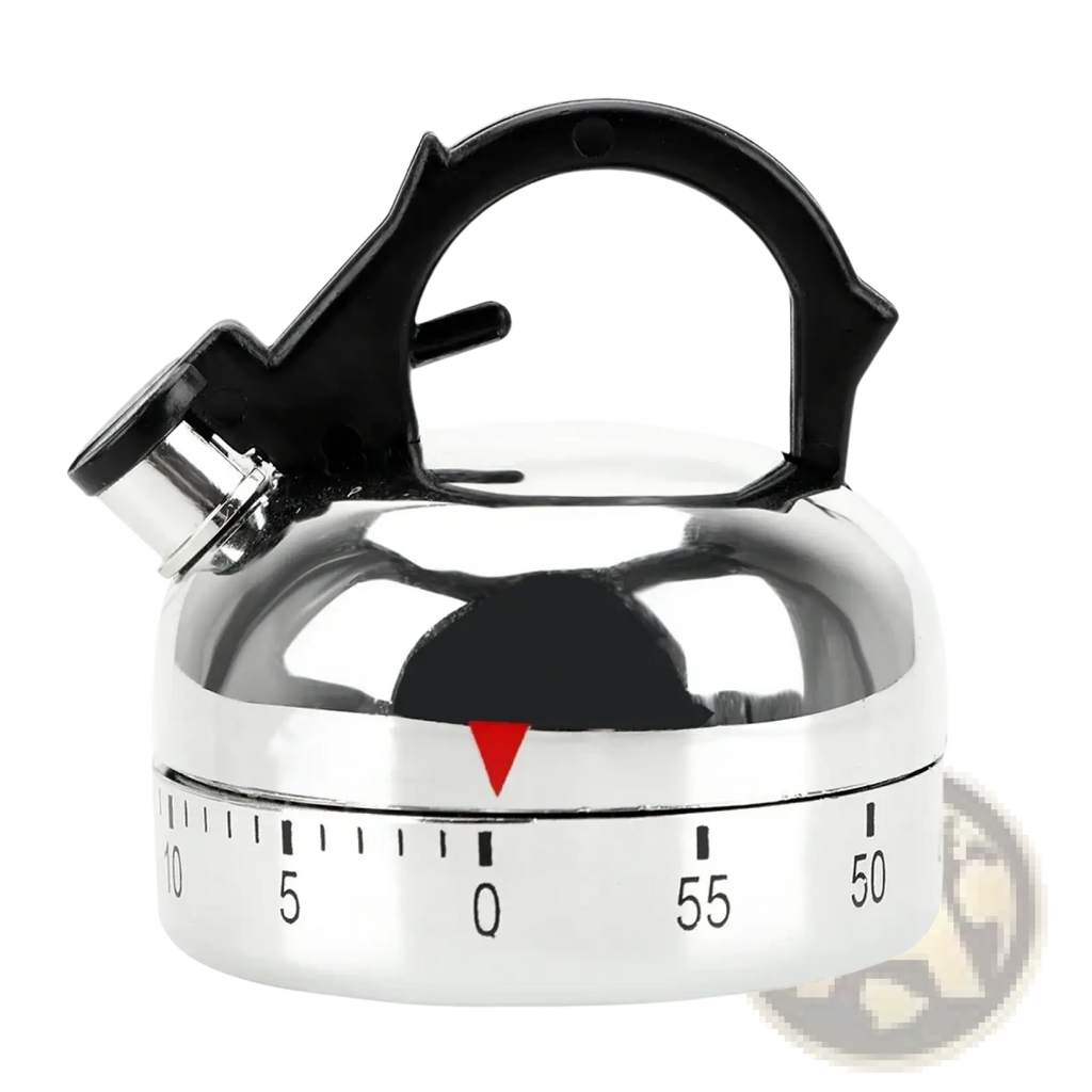 Shiny chrome mechanical kettle kitchen timer with black handle and spout for countdown alarm use