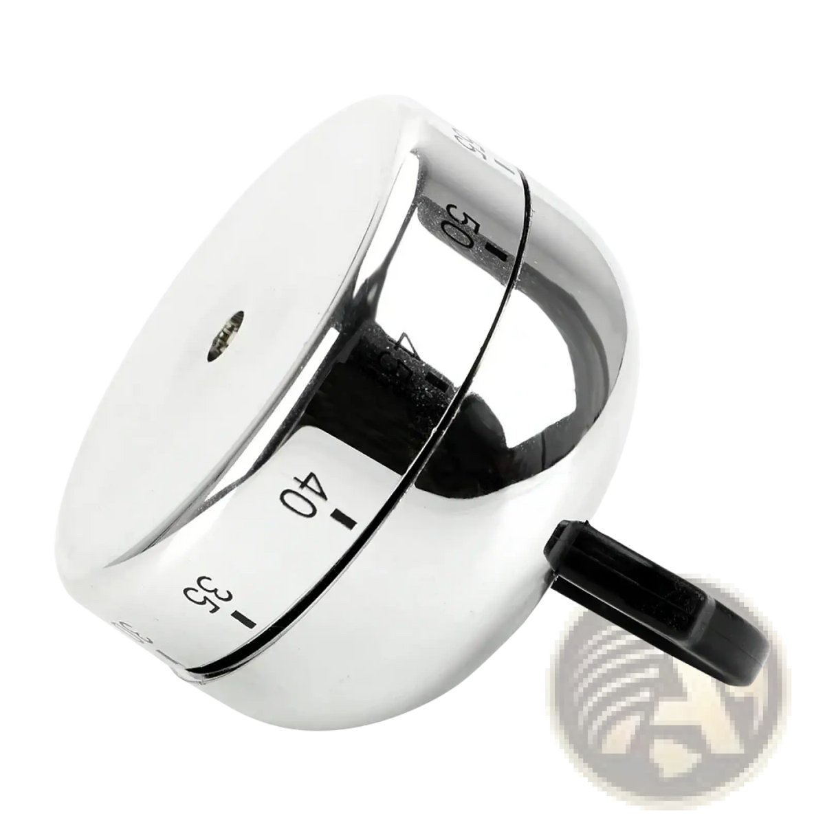Shiny chrome mechanical kettle kitchen timer with black handle and numbered markings for countdown alarm use