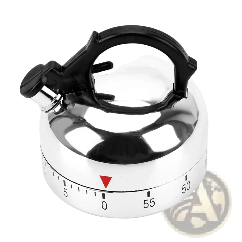 Shiny chrome mechanical kettle kitchen timer with black plastic handle and spout for countdown alarm use