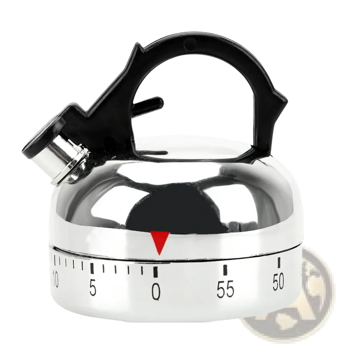 A stainless steel kettle-shaped mechanical kitchen timer with a black plastic handle and spout measuring 60mm tall