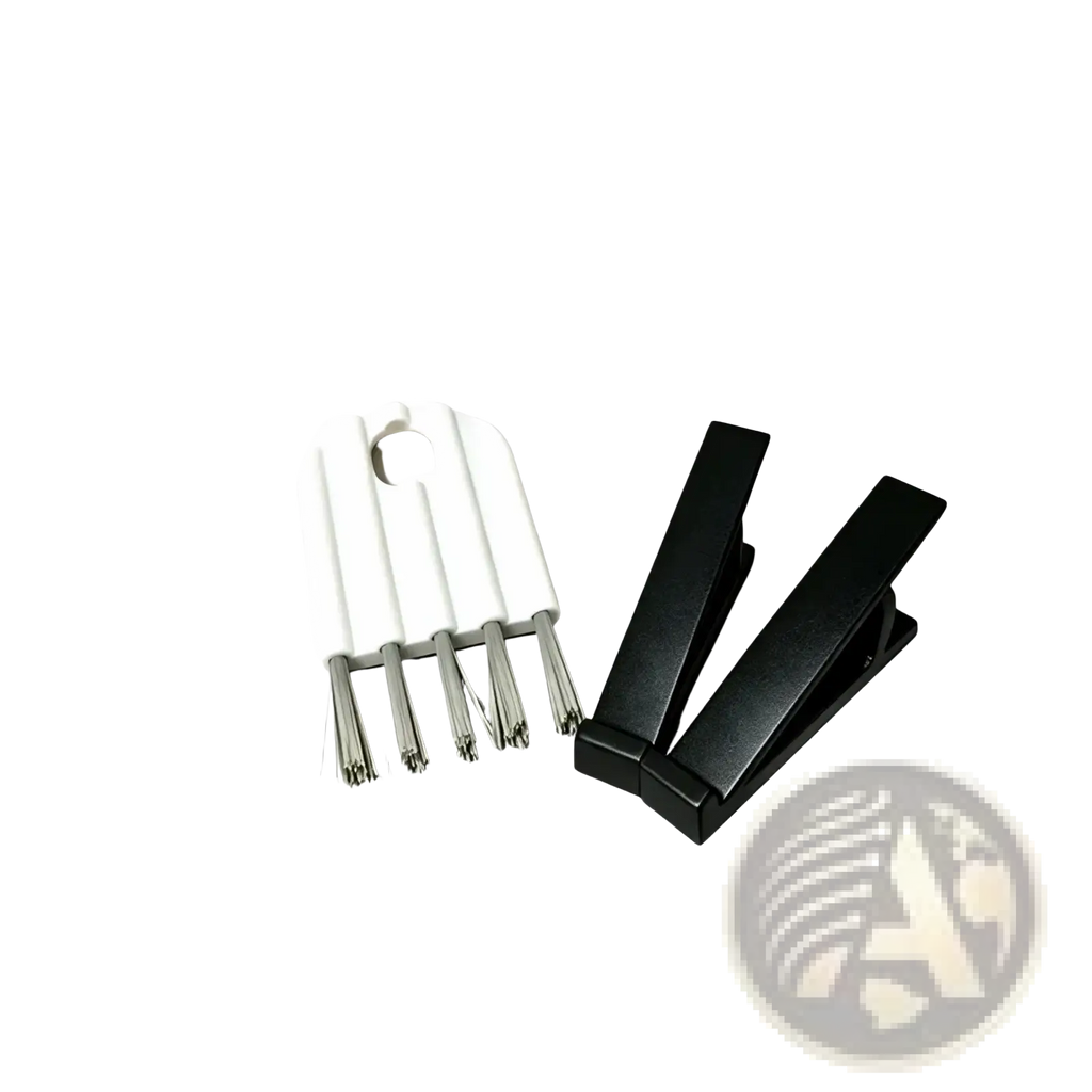 White plastic cleaning brush with silver metal bristles and two black keyboard stands in a keyboard stand and cleaning brush set