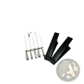 White plastic cleaning brush with silver metal bristles and two black keyboard stands in a keyboard stand and cleaning brush set