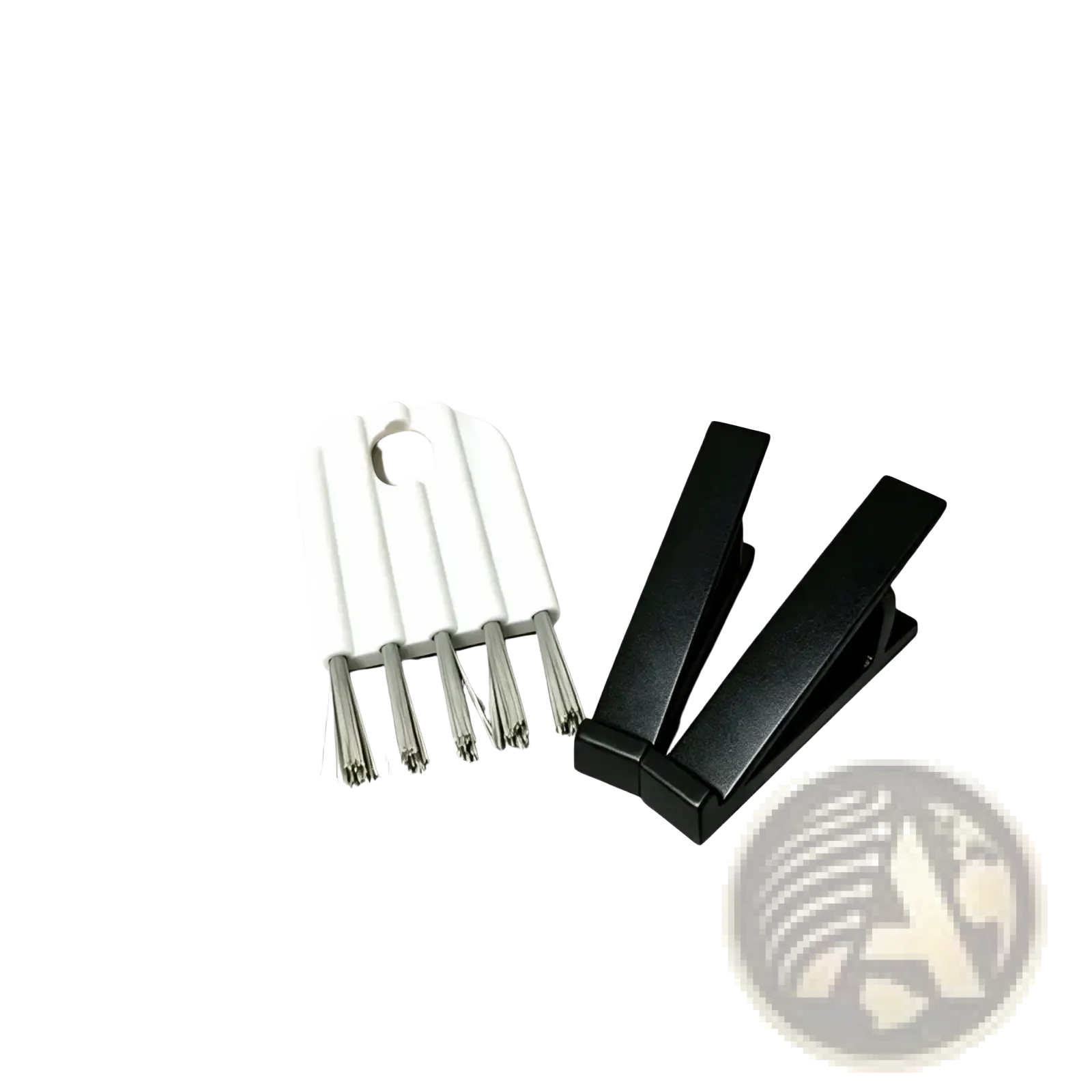 White plastic cleaning brush with silver metal bristles and two black keyboard stands in a keyboard stand and cleaning brush set
