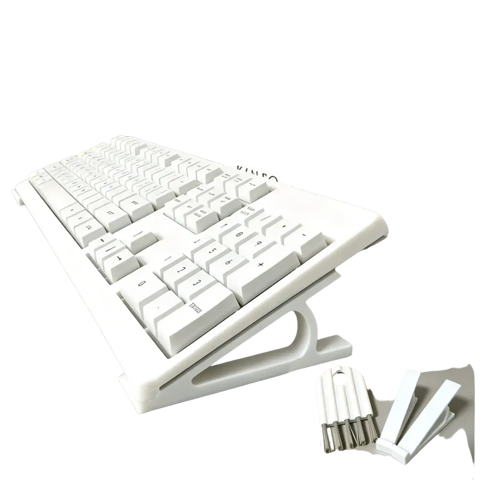 White ergonomic keyboard stand with adjustable height and sleek modern design included in cleaning brush set