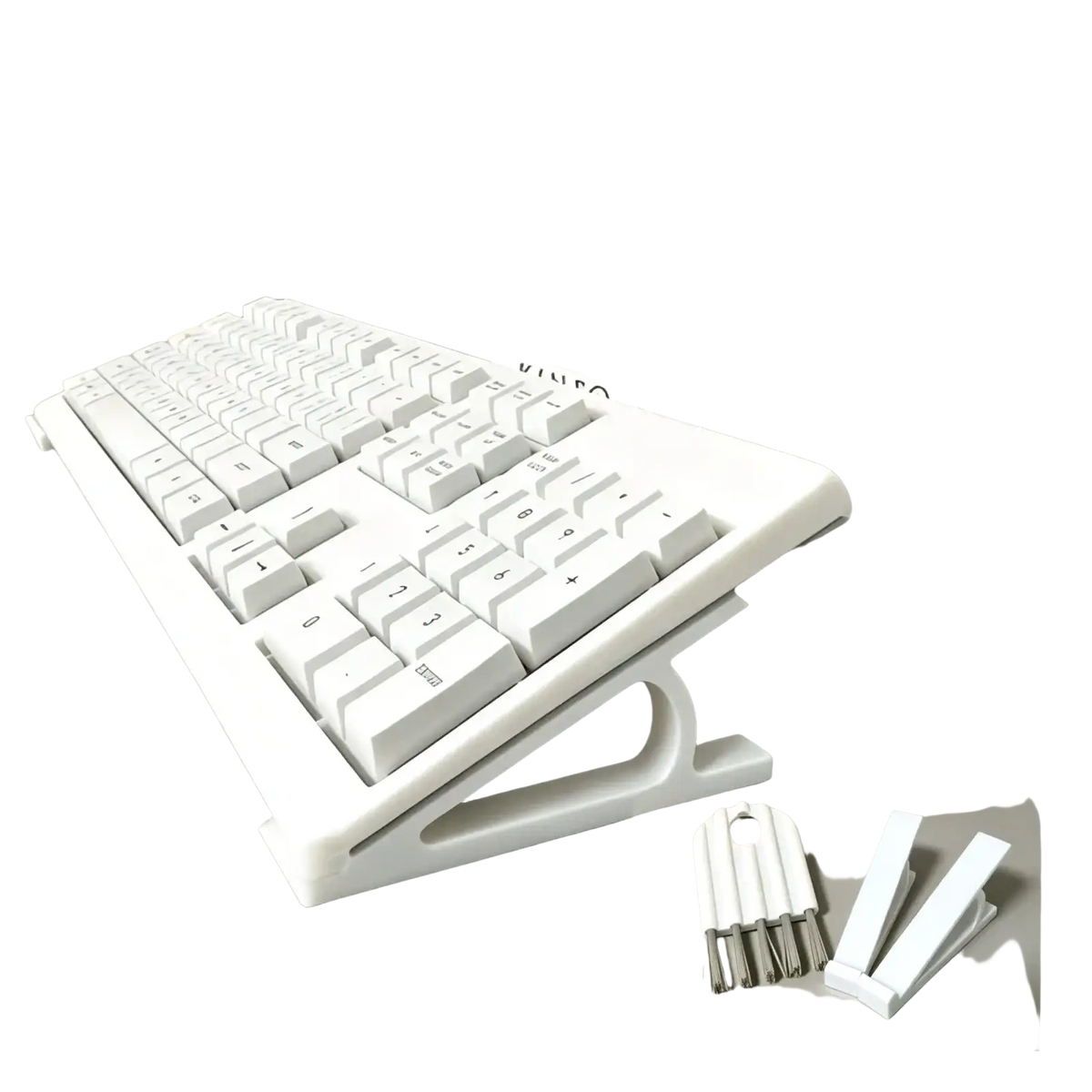 White ergonomic keyboard stand with adjustable height and sleek modern design included in cleaning brush set