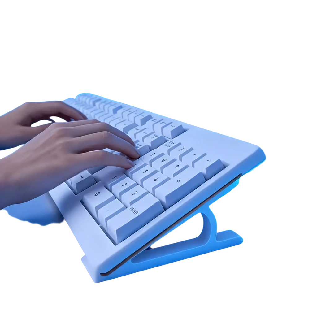 White ergonomic keyboard with sleek minimalist design and blue backlighting included in keyboard stand and cleaning brush set