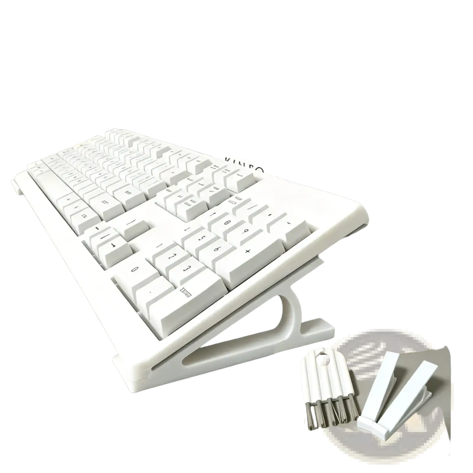 White ergonomic keyboard stand with adjustable height and sleek modern design included in cleaning brush set