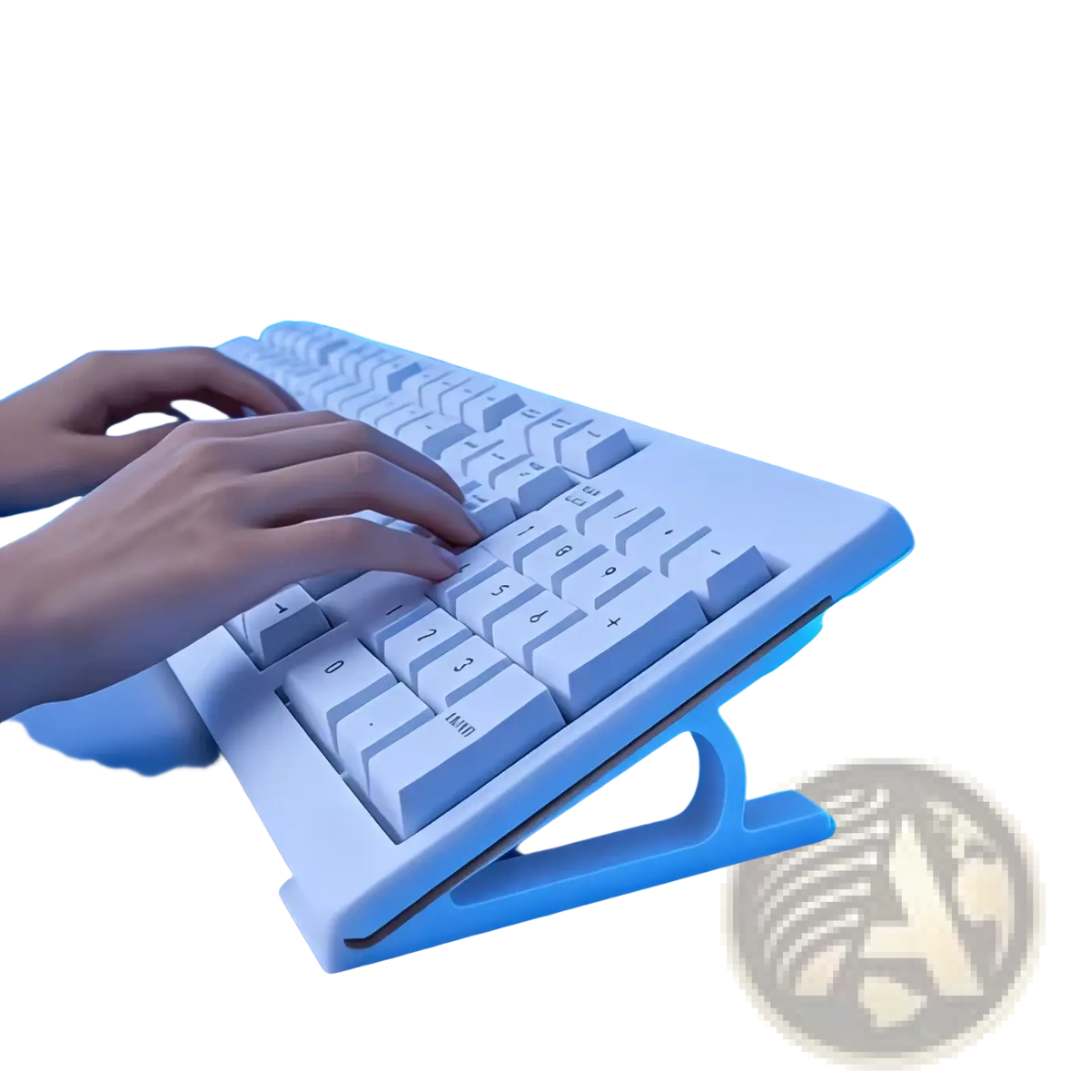 White ergonomic keyboard with sleek minimalist design and blue backlighting included in keyboard stand and cleaning brush set