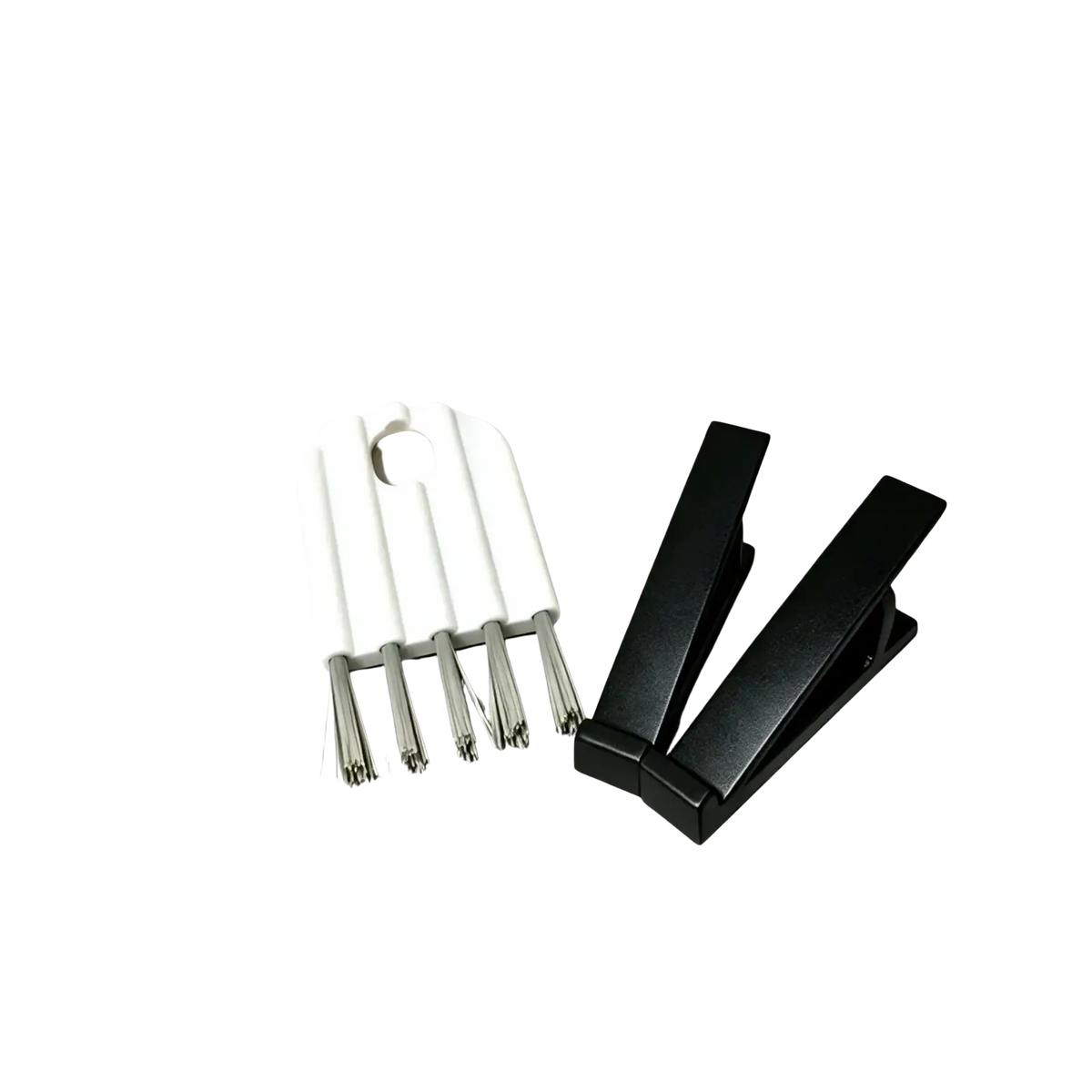 White plastic cleaning brush with silver metal bristles and two black keyboard stands in a keyboard stand and cleaning brush set