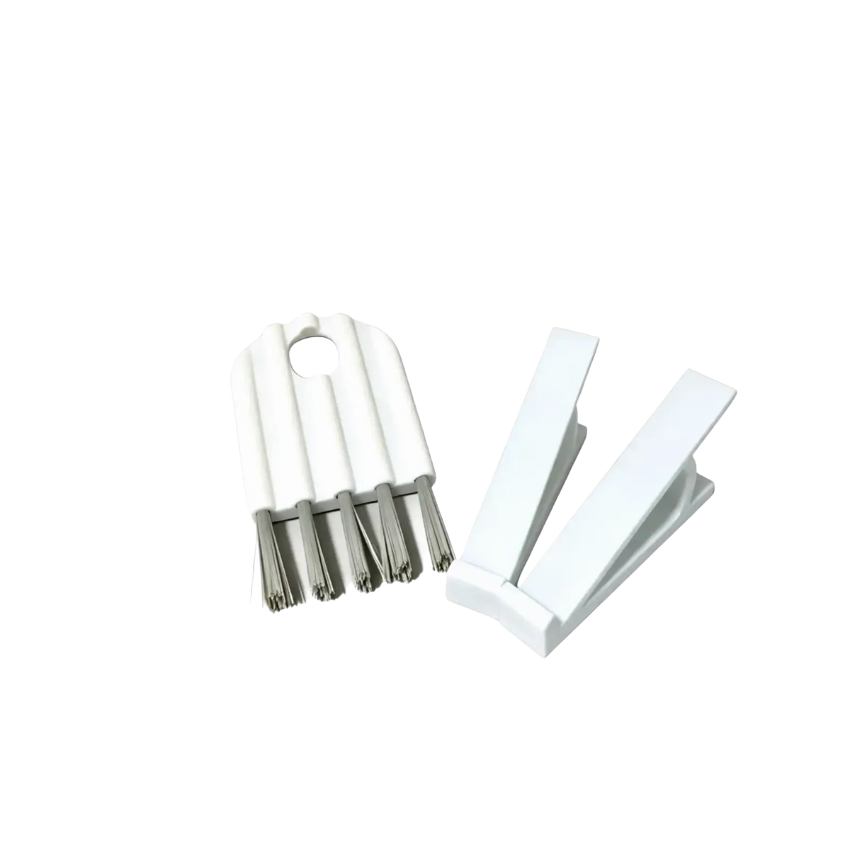 White plastic cleaning brush with metal bristles and two white plastic keyboard stands in keyboard stand and cleaning brush set