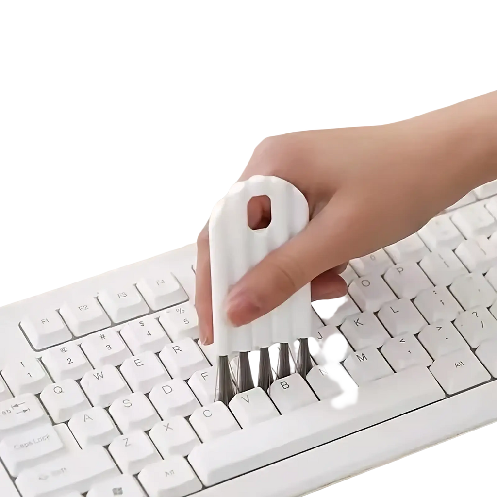 White plastic keyboard cleaning brush with metal bristles from keyboard stand and cleaning brush set for precise dust removal