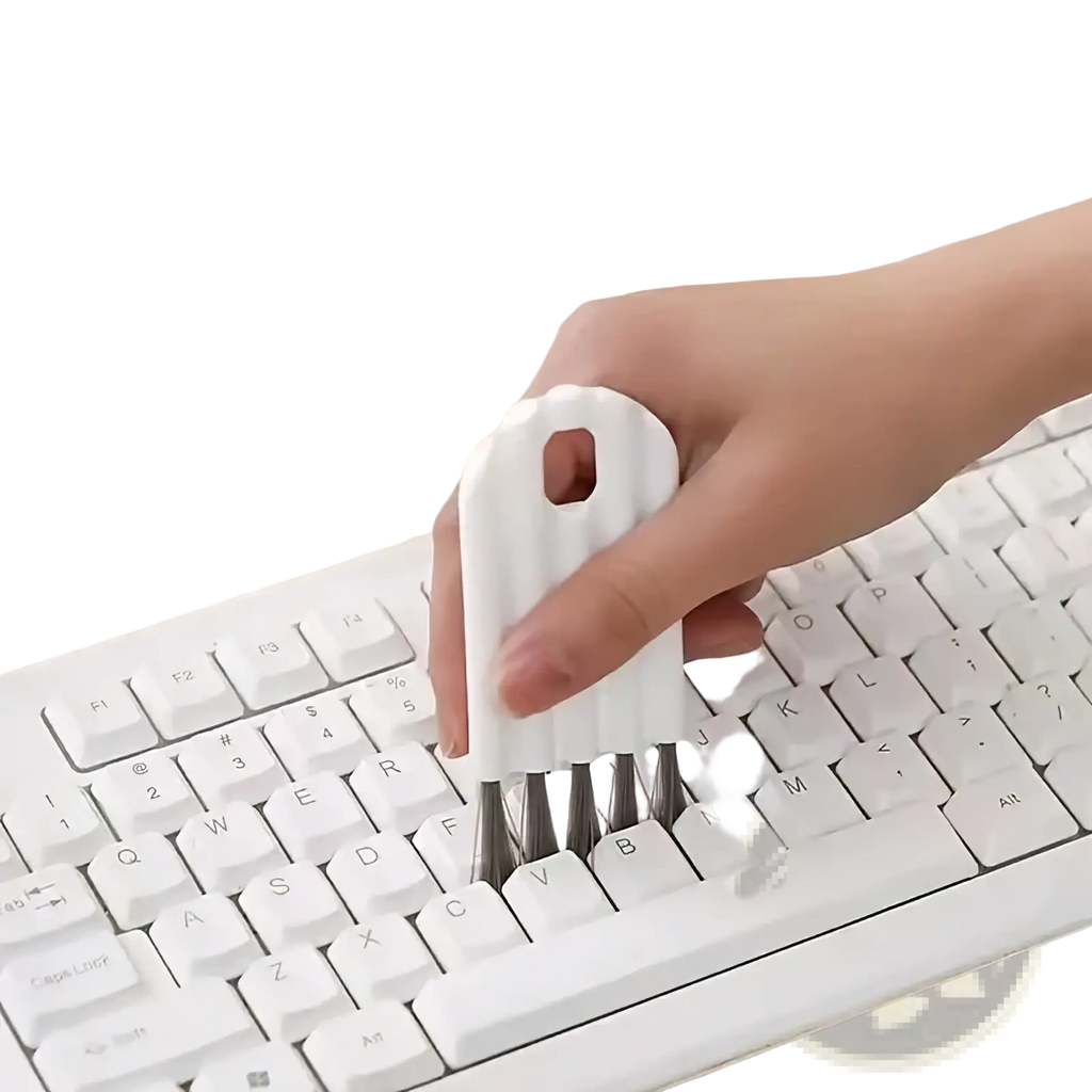 White plastic keyboard cleaning brush with metal bristles from keyboard stand and cleaning brush set for precise dust removal
