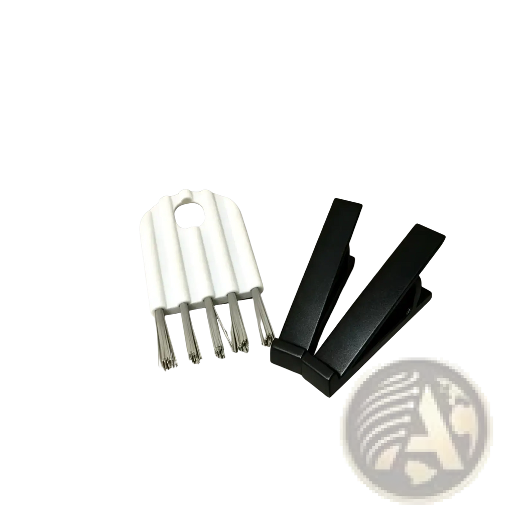 Keyboard stand and cleaning brush set featuring a white plastic and metal earbud cleaning brush with black clip organizers