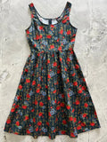 Keys and roses navy vintage fit and flare cotton dress with navy blue sleeveless design and vibrant floral key pattern