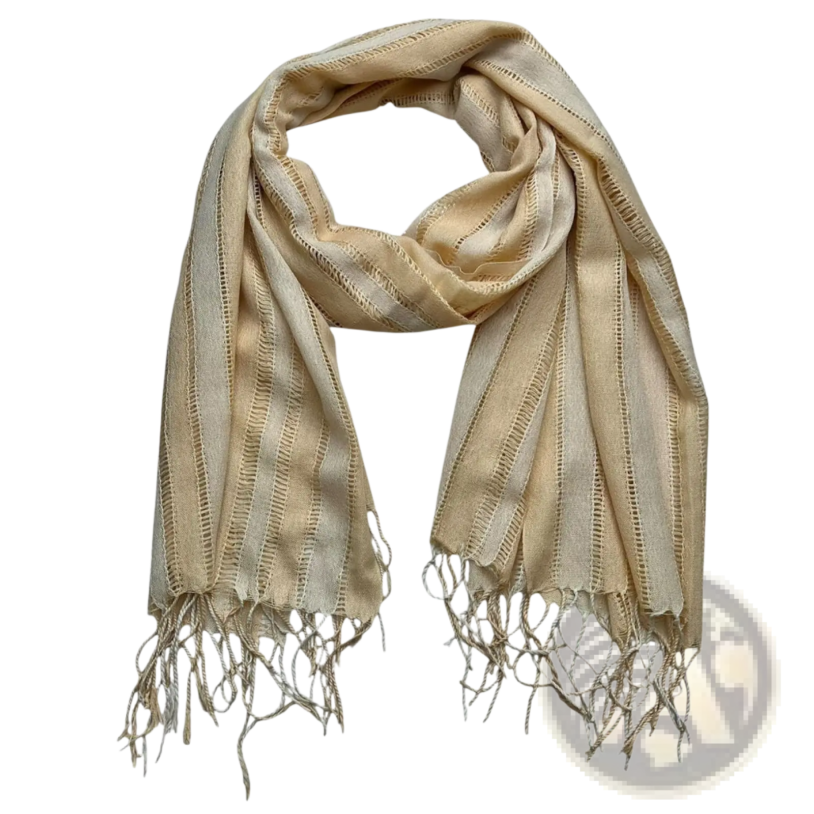 Khaki black crinkle polyester scarf with beige stripes and delicate fringe detailing for stylish wear