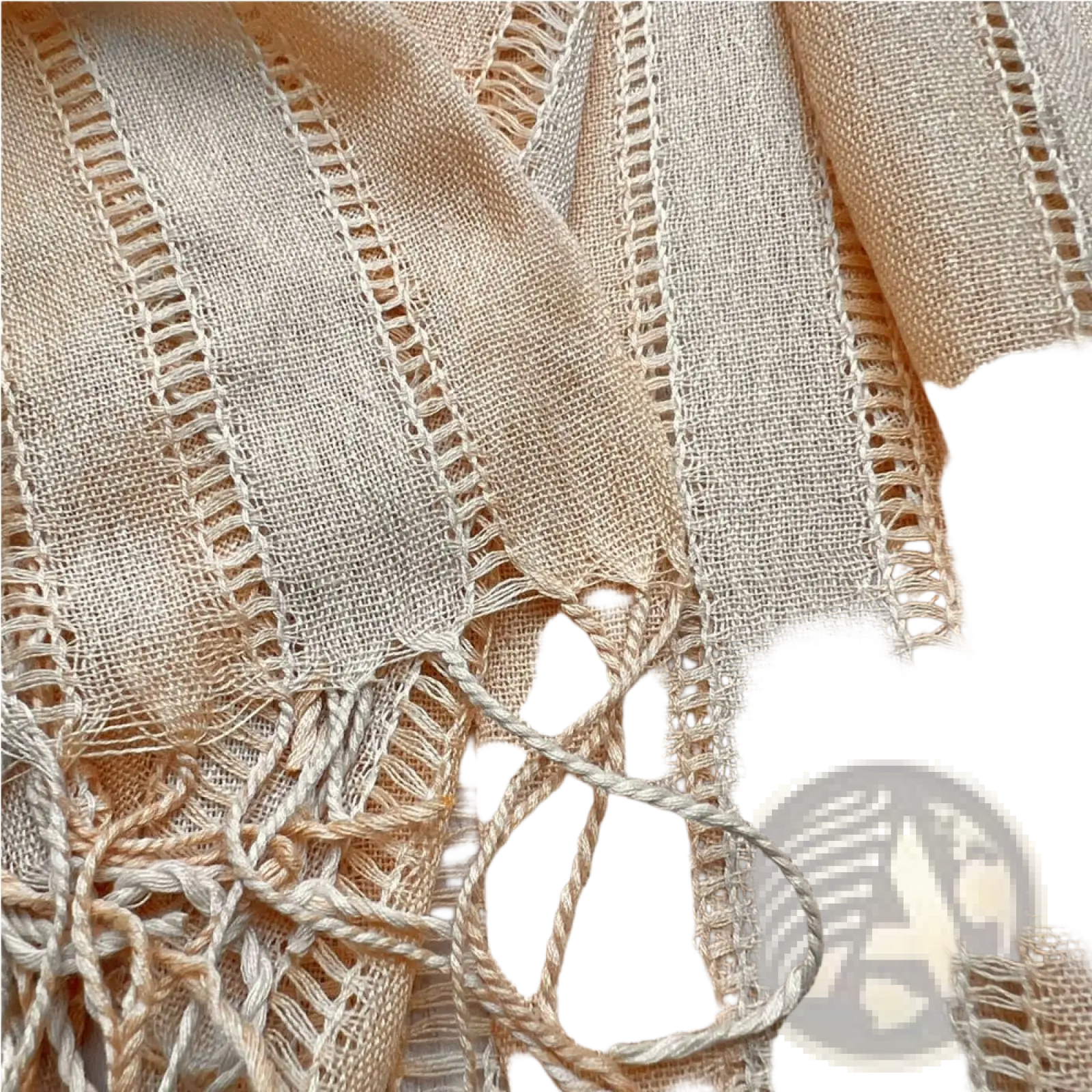 Khaki black crinkle polyester scarf with beige linen fabric featuring delicate lace trim and frayed edges