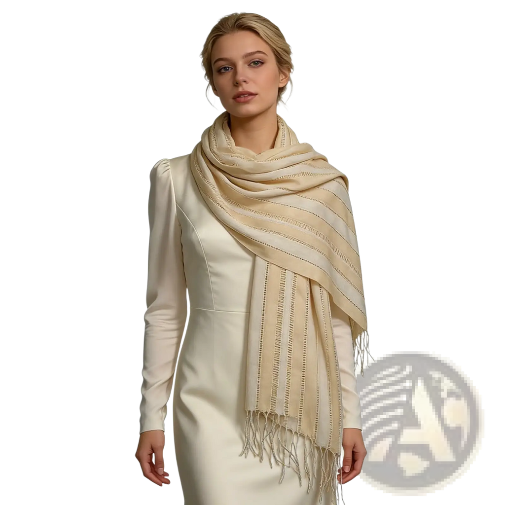 Cream-colored cashmere scarf with delicate vertical stitch detailing and soft fringed edges for elegant wear