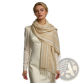 Cream-colored cashmere scarf with delicate vertical stitch detailing and soft fringed edges for elegant wear