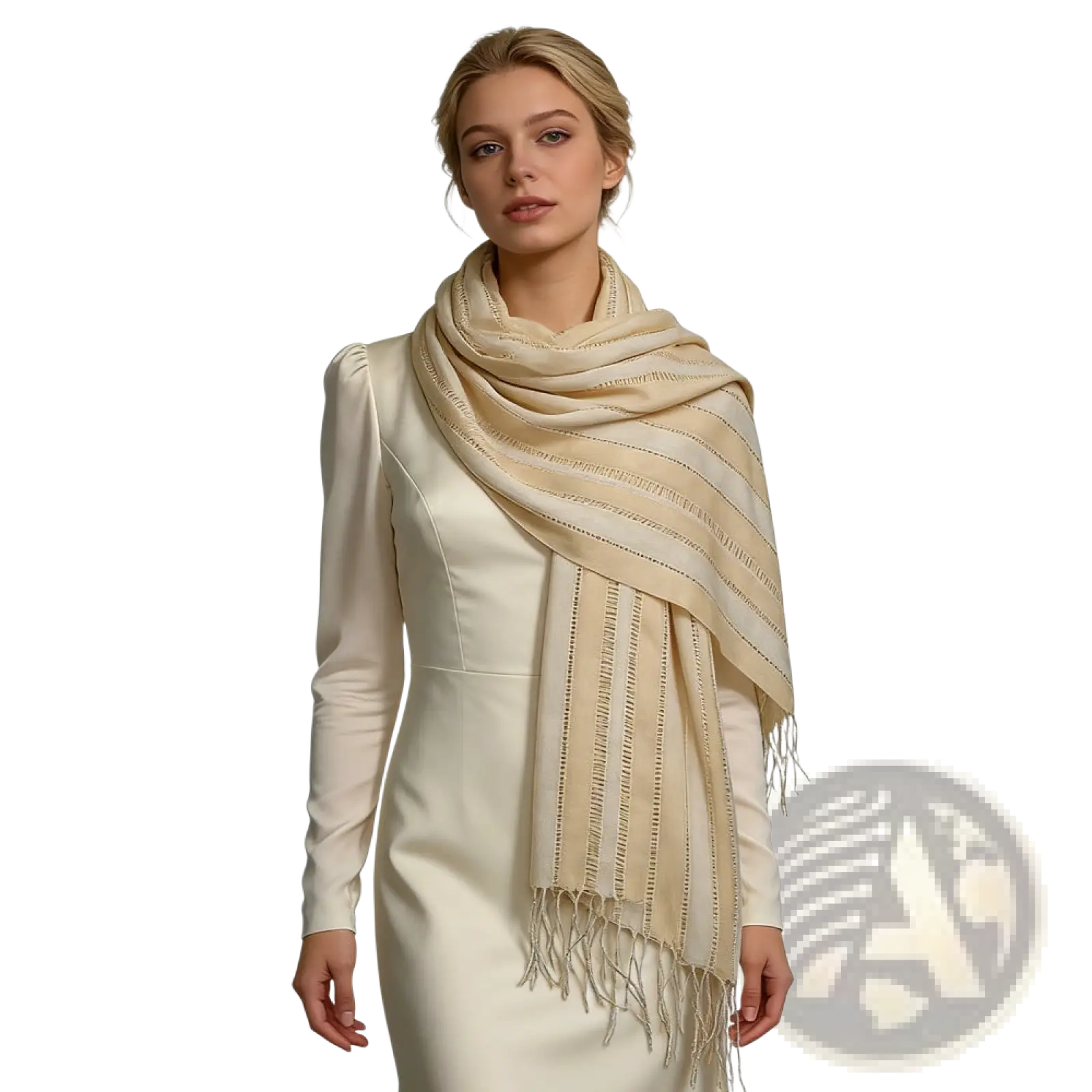 Cream-colored cashmere scarf with delicate vertical stitch detailing and soft fringed edges for elegant wear