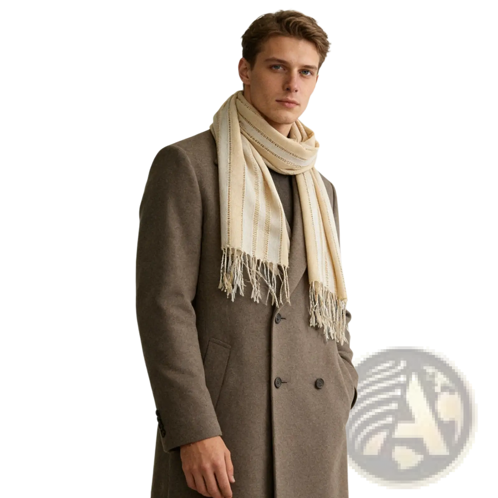 Cream-colored knitted scarf with delicate fringe detailing contrasting khaki black crinkle polyester scarf texture