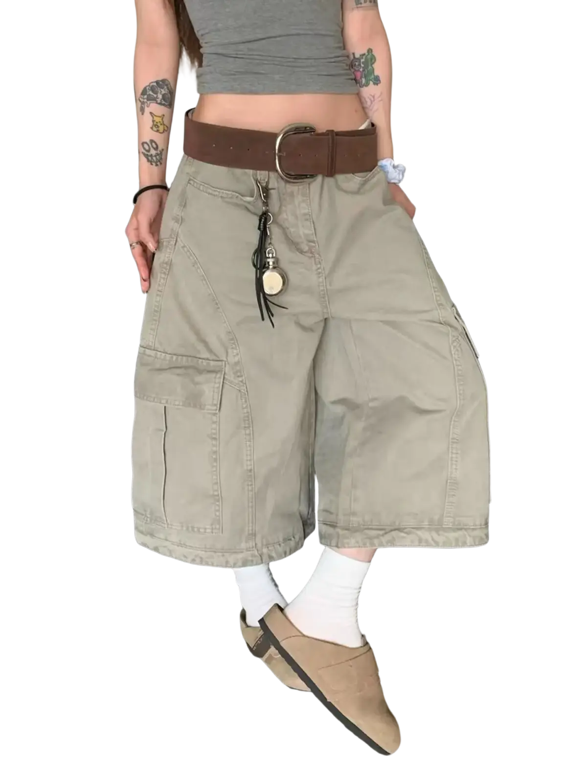 Khaki cargo shorts with multiple pockets and a brown belt made of durable fabric for practical outdoor use