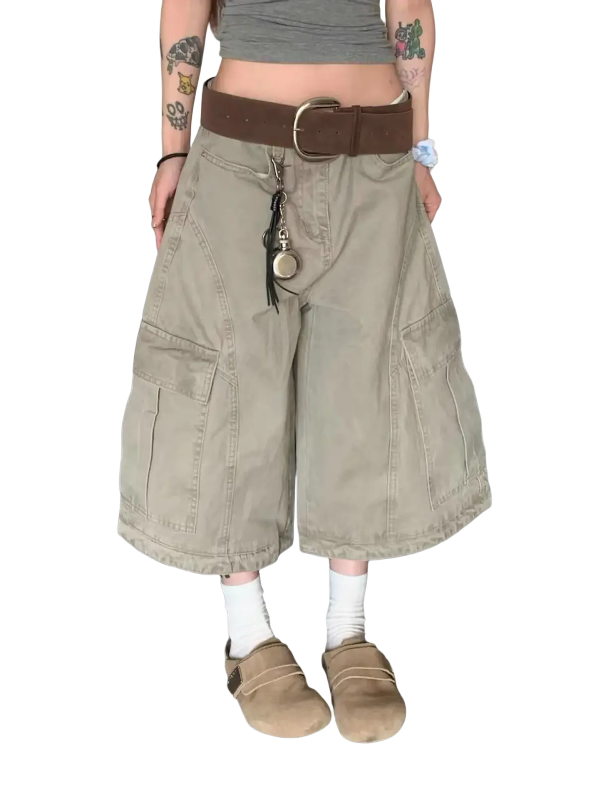 Khaki cargo shorts with multiple pockets and a brown belt made of durable fabric for casual outdoor use