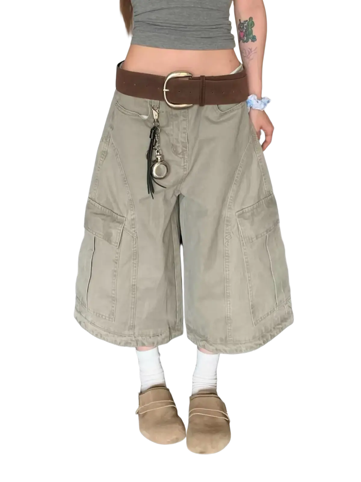 Khaki cargo shorts with multiple pockets and a brown belt made from durable fabric for casual outdoor use