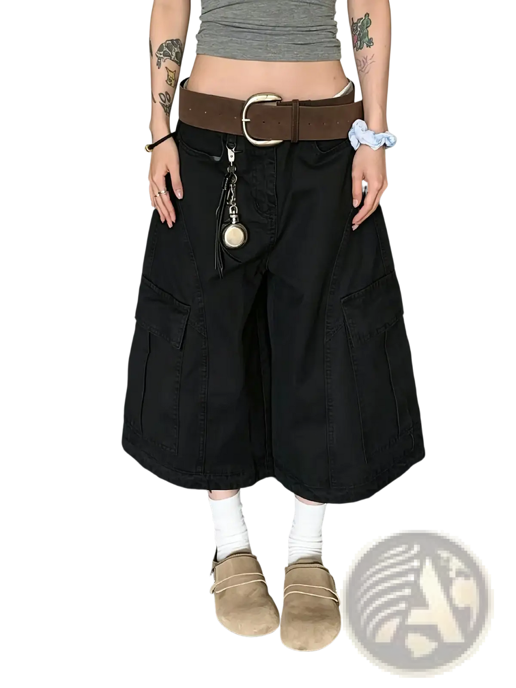 Black cargo pants with multiple pockets and a brown belt, contrasting the product title khaki cargo shorts with belt