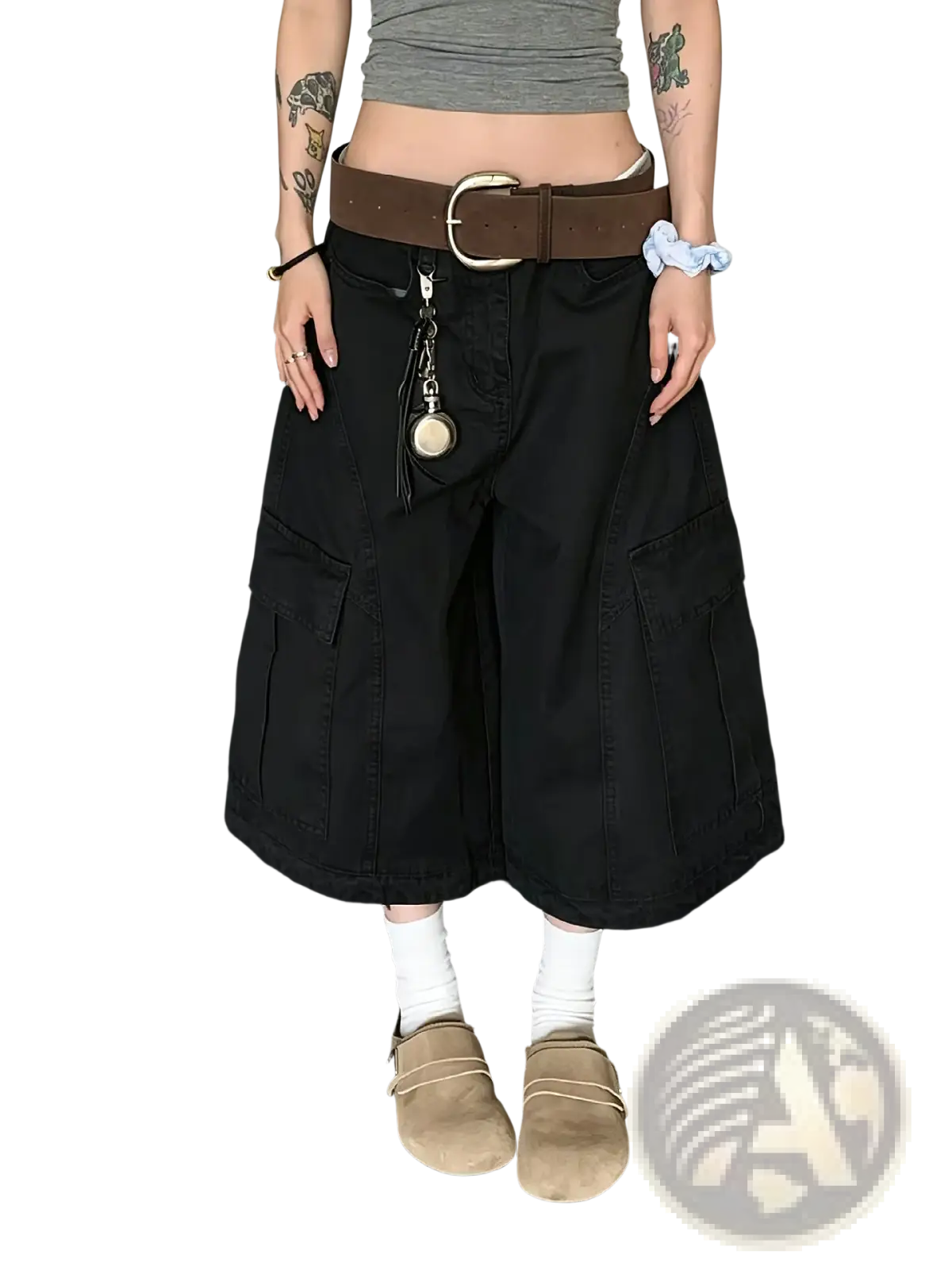 Black cargo pants with multiple pockets and a brown belt, contrasting the product title khaki cargo shorts with belt