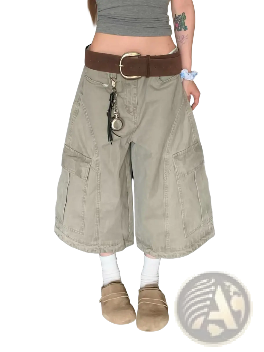 Khaki cargo shorts with multiple pockets and a brown belt made from durable fabric for casual outdoor use